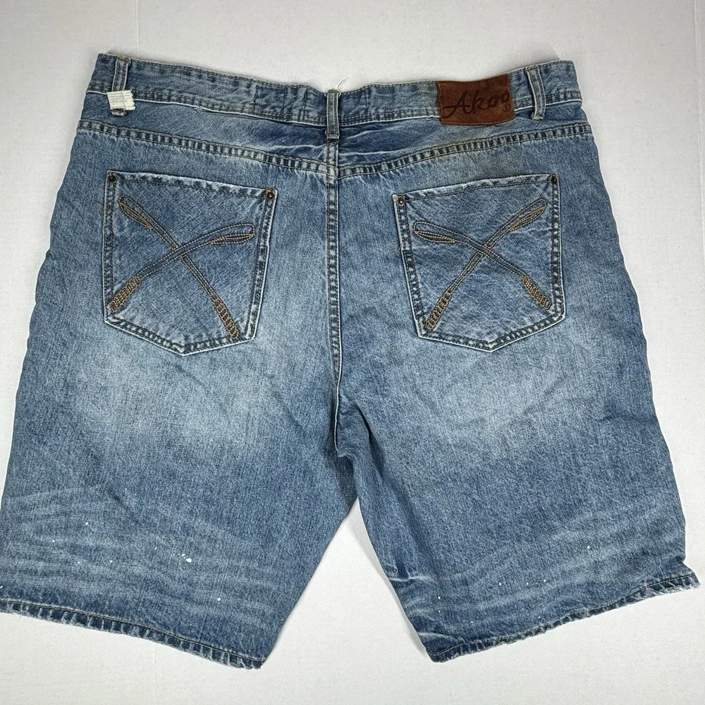 Akoo 99th Bombardier Blue Denim Mens Jean Shorts 42X11 Camo Patchwork Street EUC
